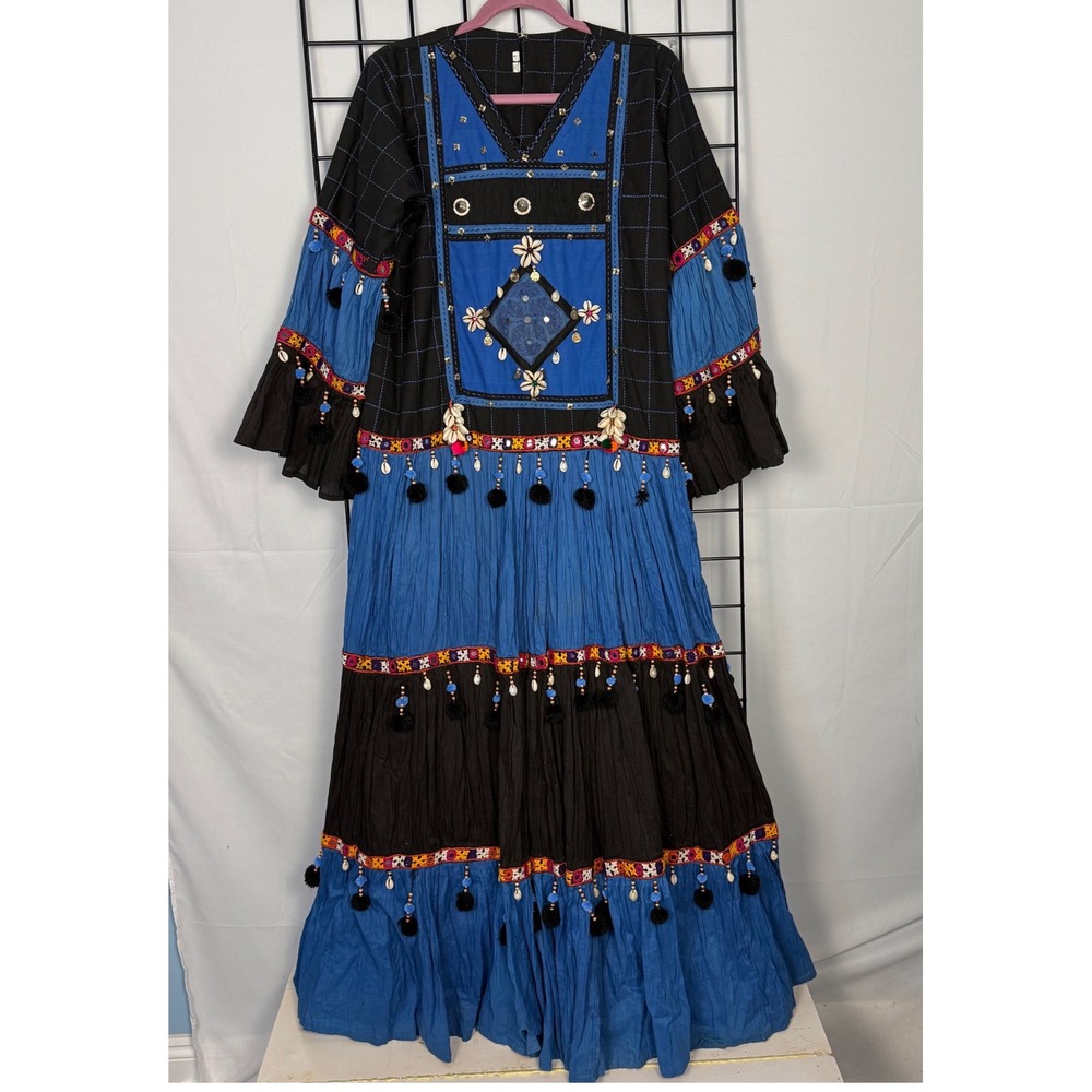 Vintage Handmade Afghan Kuchi Maxi Dress Women Large Blue Boho Tribal Cowrie